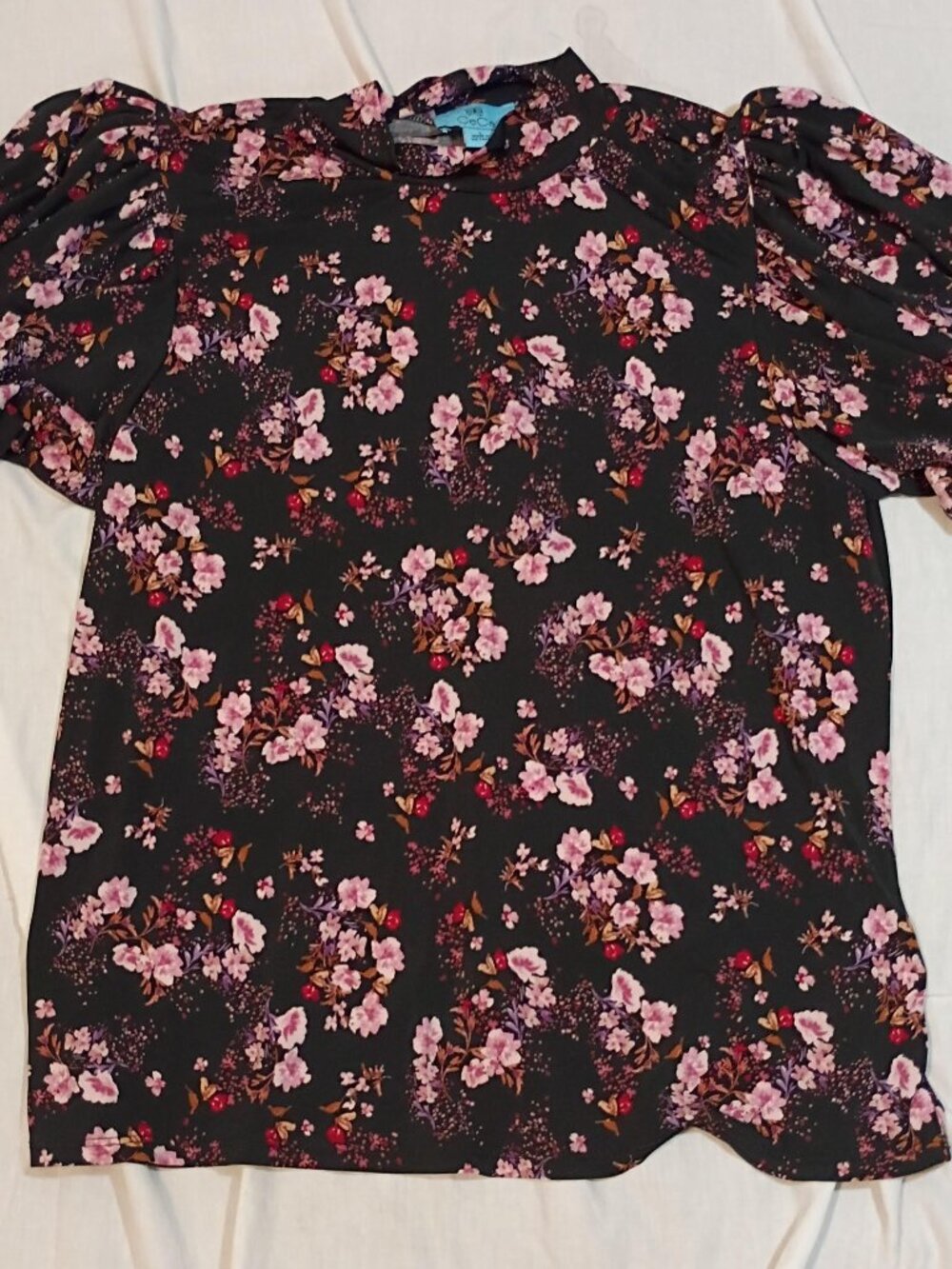CeCe/Blouse/Womens L/Black Pink Floral/Puff Sleeve Cottagecore Romantic Chic Top